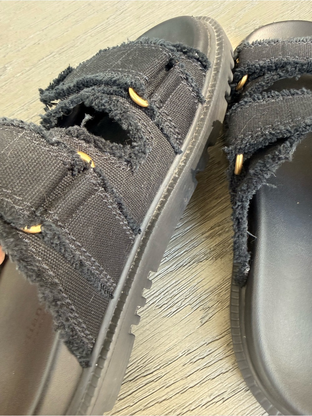 Dior Black Frayed Double-Strap Slide Sandals with Gold Logo - Picture 5 of 7